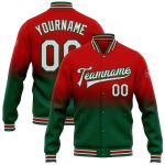 Personalized Red White-Kelly Green Bomber Full-Snap Varsity Letterman Fade Fashion Jacket Team Custom Name and Number