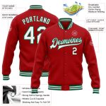 Personalized Red White-Kelly Green Bomber Full-Snap Varsity Letterman Jacket Team Custom Name and Number