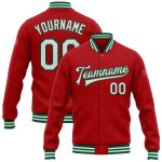 Personalized Red White-Kelly Green Bomber Full-Snap Varsity Letterman Jacket Team Custom Name and Number
