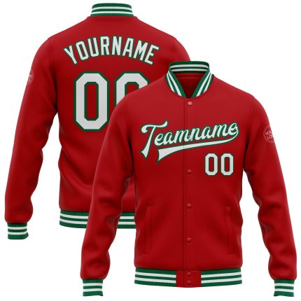 Personalized Red White-Kelly Green Bomber Full-Snap Varsity Letterman Jacket Team Custom Name and Number