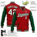 Personalized Red White-Kelly Green Bomber Full-Snap Varsity Letterman Two Tone Jacket Team Custom Name and Number