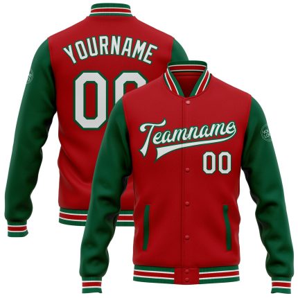 Personalized Red White-Kelly Green Bomber Full-Snap Varsity Letterman Two Tone Jacket Team Custom Name and Number