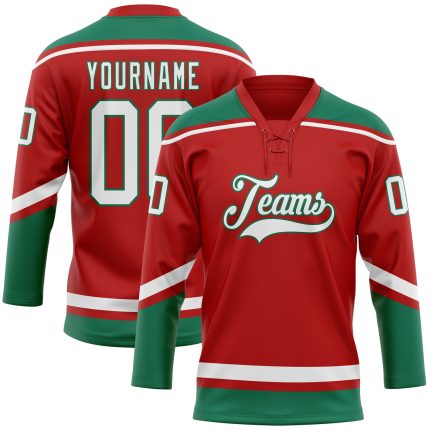 Personalized Red White-Kelly Green Hockey Lace Neck Jersey Team Custom Name and Number
