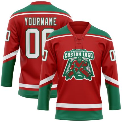 Personalized Red White-Kelly Green Hockey Lace Neck Jersey Team Custom Name and Number