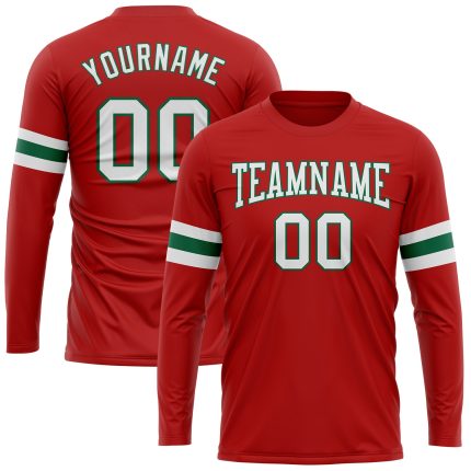 Personalized Red White-Kelly Green Long Sleeve Performance T-Shirt Team Custom Name and Number