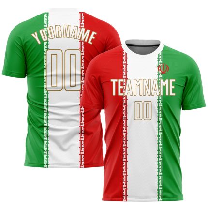 Personalized Red White Kelly Green-Old Gold Sublimation Iranian Flag Soccer Uniform Jersey Team Custom Name and Number