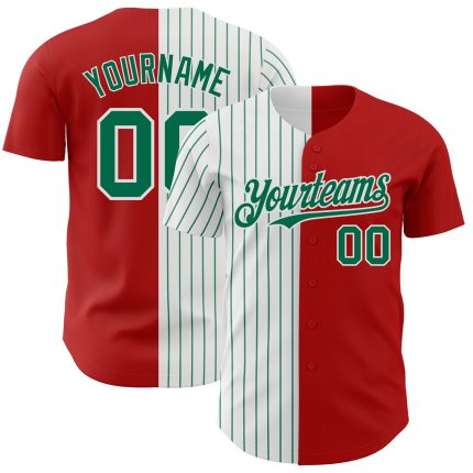 Personalized Red White-Kelly Green Pinstripe Authentic Split Fashion Baseball Jersey Team Custom Name and Number
