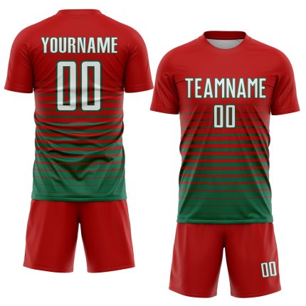 Personalized Red White-Kelly Green Pinstripe Fade Fashion Sublimation Soccer Uniform Jersey Team Custom Name and Number