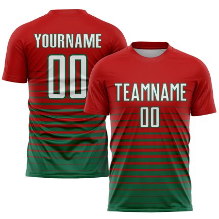 Personalized Red White-Kelly Green Pinstripe Fade Fashion Sublimation Soccer Uniform Jersey Team Custom Name and Number