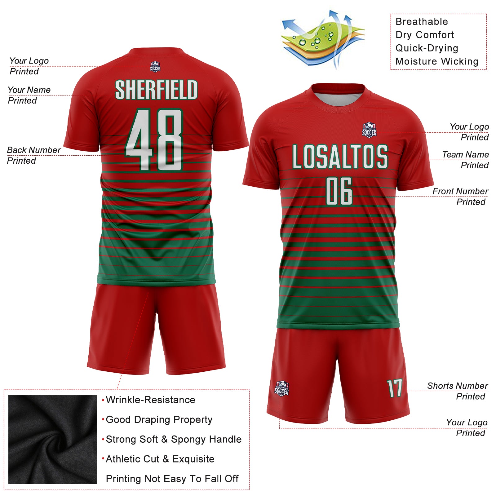Personalized Red White-Kelly Green Pinstripe Fade Fashion Sublimation Soccer Uniform Jersey Team Custom Name and Number Personalized Red White-Kelly Green Pinstripe Fade Fashion Sublimation Soccer Uniform Jersey Team Custom Name and Number - Image 3