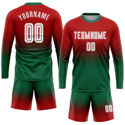 Personalized Red White-Kelly Green Sublimation Long Sleeve Fade Fashion Soccer Uniform Jersey Team Custom Name and Number
