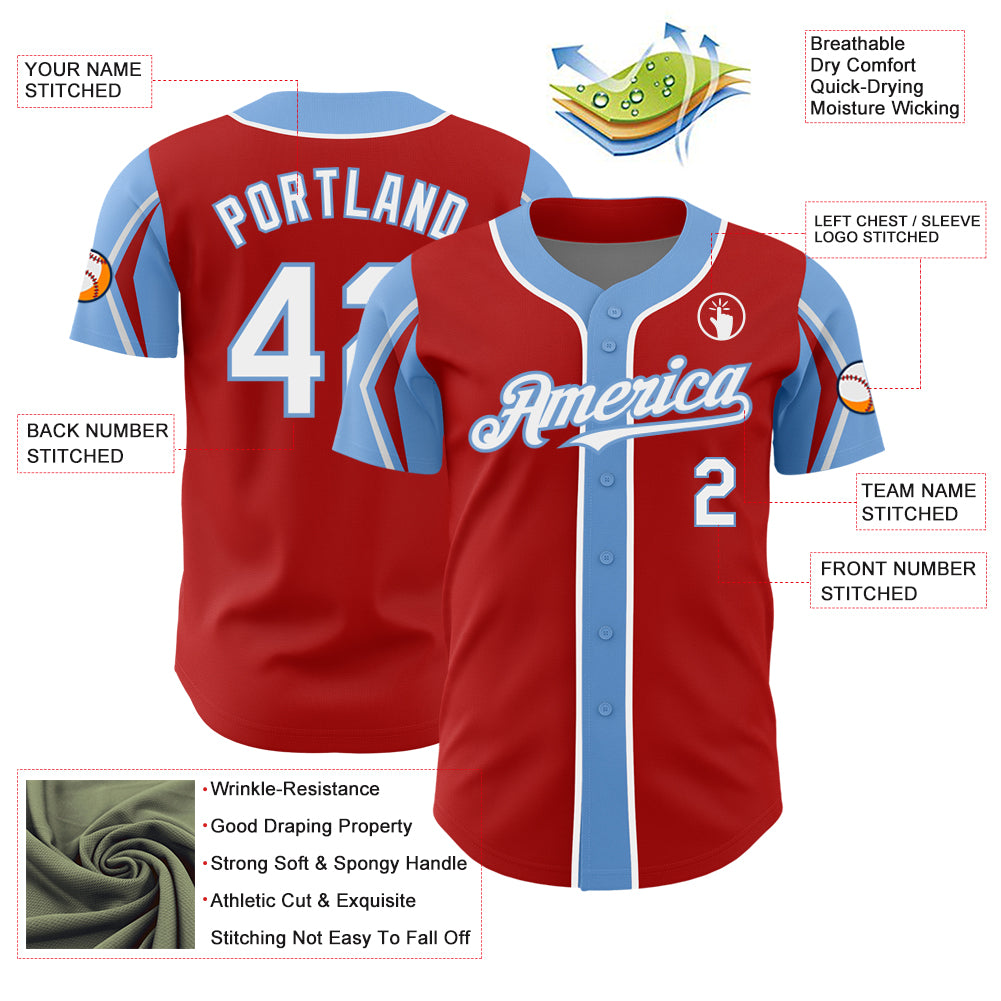 Personalized Red White-Light Blue 3 Colors Arm Shapes Authentic Baseball Jersey Team Custom Name and Number Personalized Red White-Light Blue 3 Colors Arm Shapes Authentic Baseball Jersey Team Custom Name and Number - Image 4