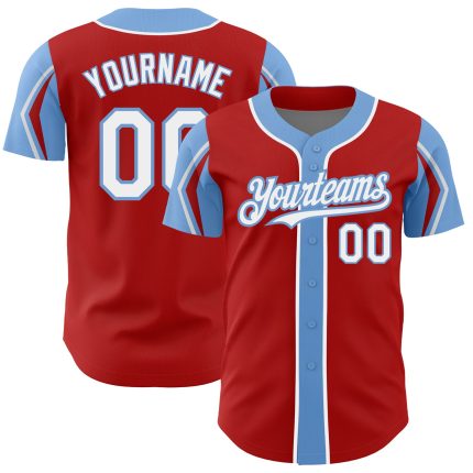 Personalized Red White-Light Blue 3 Colors Arm Shapes Authentic Baseball Jersey Team Custom Name and Number