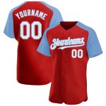 Personalized Red White-Light Blue Authentic Raglan Sleeves Baseball Jersey Team Custom Name and Number