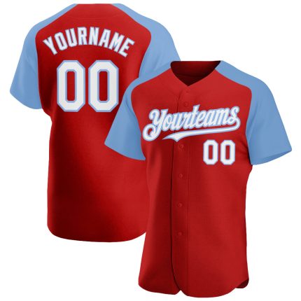 Personalized Red White-Light Blue Authentic Raglan Sleeves Baseball Jersey Team Custom Name and Number
