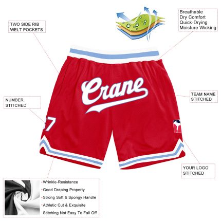 Personalized Red White-Light Blue Authentic Throwback Basketball Shorts Team Custom Name and Number