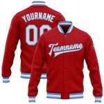Personalized Red White-Light Blue Bomber Full-Snap Varsity Letterman Jacket Team Custom Name and Number