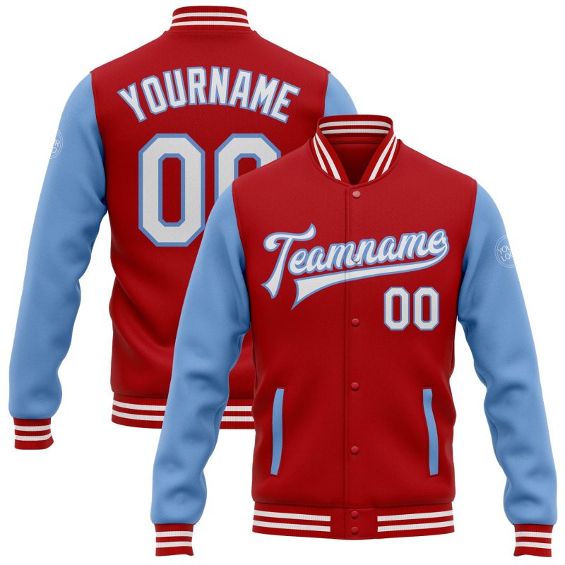 Personalized Red White-Light Blue Bomber Full-Snap Varsity Letterman Two Tone Jacket Team Custom Name and Number
