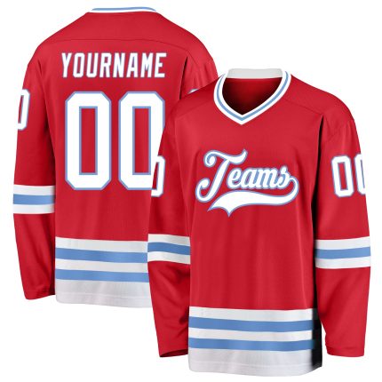 Personalized Red White-Light Blue Hockey Jersey Team Custom Name and Number