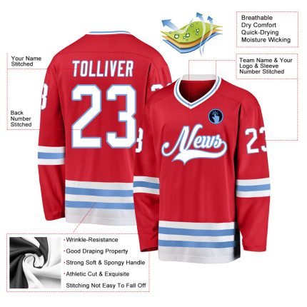 Personalized Red White-Light Blue Hockey Jersey Team Custom Name and Number