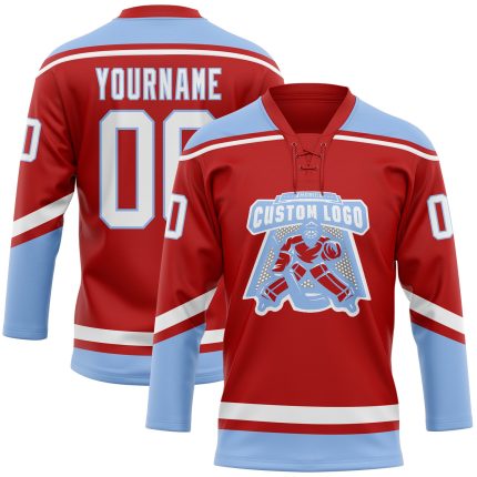 Personalized Red White-Light Blue Hockey Lace Neck Jersey Team Custom Name and Number