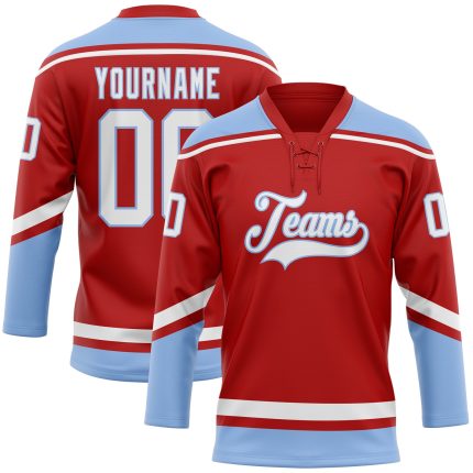 Personalized Red White-Light Blue Hockey Lace Neck Jersey Team Custom Name and Number