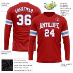 Personalized Red White-Light Blue Long Sleeve Performance T-Shirt Team Custom Name and Number