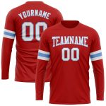 Personalized Red White-Light Blue Long Sleeve Performance T-Shirt Team Custom Name and Number