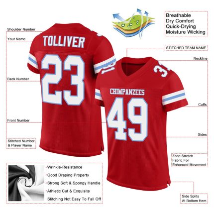Personalized Red White-Light Blue Mesh Authentic Football Jersey Team Custom Name and Number