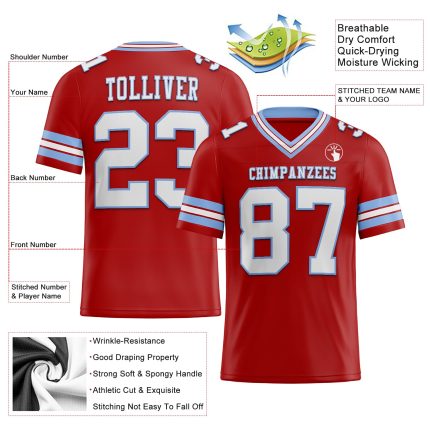Personalized Red White-Light Blue Mesh Authentic Football Jersey