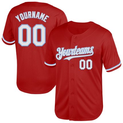 Personalized Red White-Light Blue Mesh Authentic Throwback Baseball Jersey Team Custom Name and Number