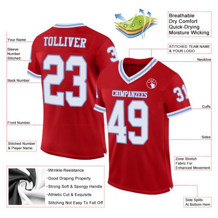 Personalized Red White-Light Blue Mesh Authentic Throwback Football Jersey Team Custom Name and Number