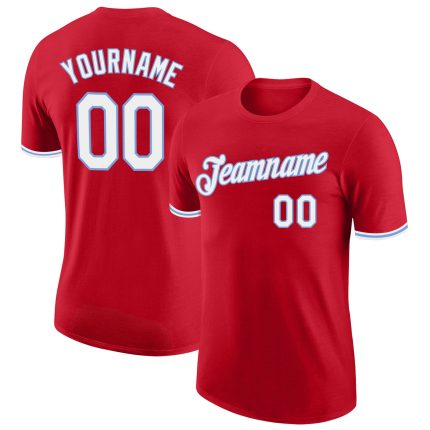 Personalized Red White-Light Blue Performance T-Shirt Team Custom Name and Number