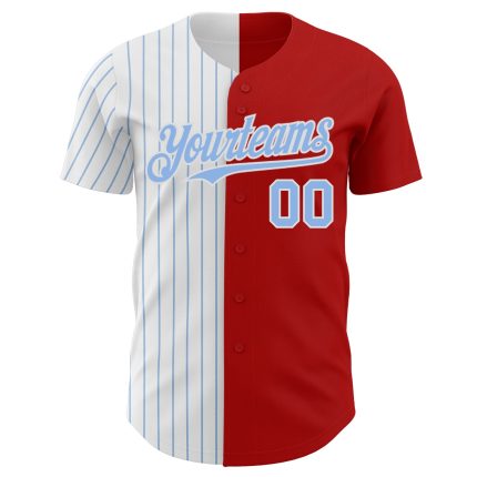 Personalized Red White-Light Blue Pinstripe Authentic Split Fashion Baseball Jersey Team Custom Name and Number