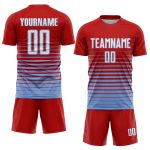 Personalized Red White-Light Blue Pinstripe Fade Fashion Sublimation Soccer Uniform Jersey Team Custom Name and Number