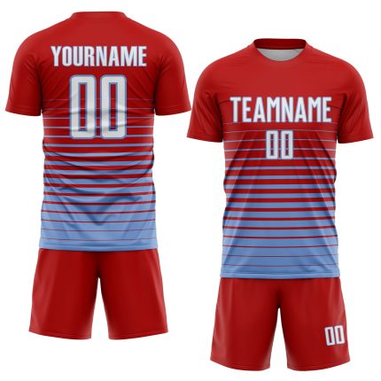 Personalized Red White-Light Blue Pinstripe Fade Fashion Sublimation Soccer Uniform Jersey Team Custom Name and Number