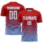 Personalized Red White-Light Blue Pinstripe Fade Fashion Sublimation Soccer Uniform Jersey Team Custom Name and Number