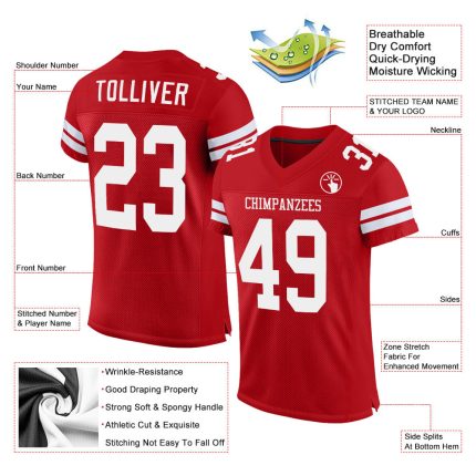 Personalized Red White Mesh Authentic Football Jersey Team Custom Name and Number