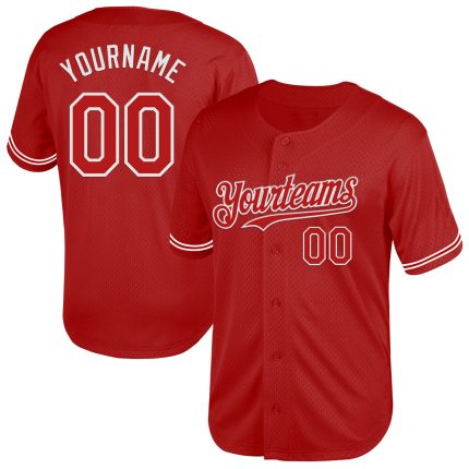 Personalized Red White Mesh Authentic Throwback Baseball Jersey