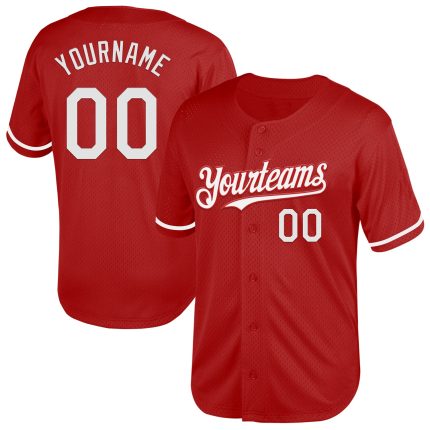 Personalized Red White Mesh Authentic Throwback Baseball Jersey Team Custom Name and Number