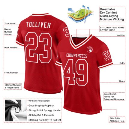 Personalized Red White Mesh Authentic Throwback Football Jersey Team Custom Name and Number