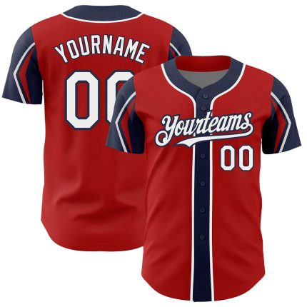 Personalized Red White-Navy 3 Colors Arm Shapes Authentic Baseball Jersey Team Custom Name and Number