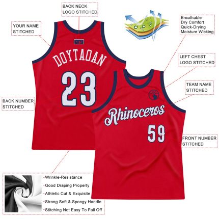 Personalized Red White-Navy Authentic Throwback Basketball Jersey Team Custom Name and Number