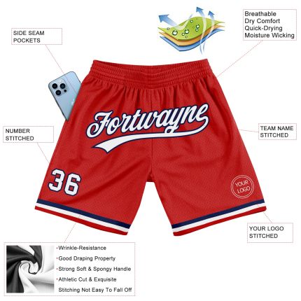 Personalized Red White-Navy Authentic Throwback Basketball Shorts