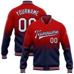 Personalized Red White-Navy Bomber Full-Snap Varsity Letterman Fade Fashion Jacket Team Custom Name and Number