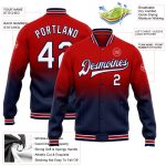 Personalized Red White-Navy Bomber Full-Snap Varsity Letterman Fade Fashion Jacket Team Custom Name and Number