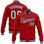 Personalized Red White-Navy Bomber Full-Snap Varsity Letterman Jacket Team Custom Name and Number