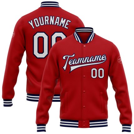 Personalized Red White-Navy Bomber Full-Snap Varsity Letterman Jacket Team Custom Name and Number
