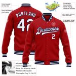 Personalized Red White-Navy Bomber Full-Snap Varsity Letterman Jacket Team Custom Name and Number