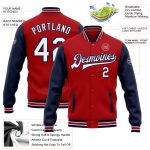 Personalized Red White-Navy Bomber Full-Snap Varsity Letterman Two Tone Jacket Team Custom Name and Number